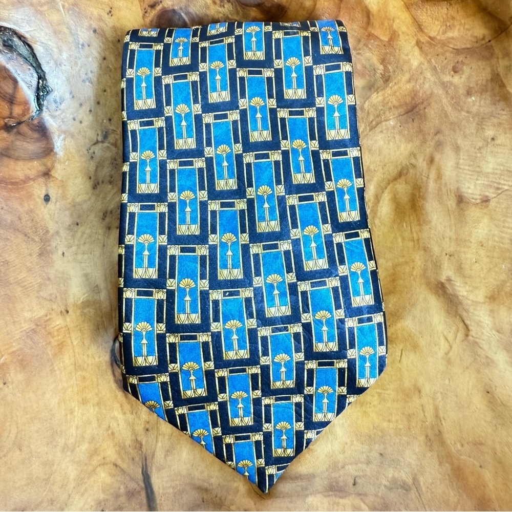 Lanvin Vintage 90s Black Blue and Gold Silk 4” x 56” Tie